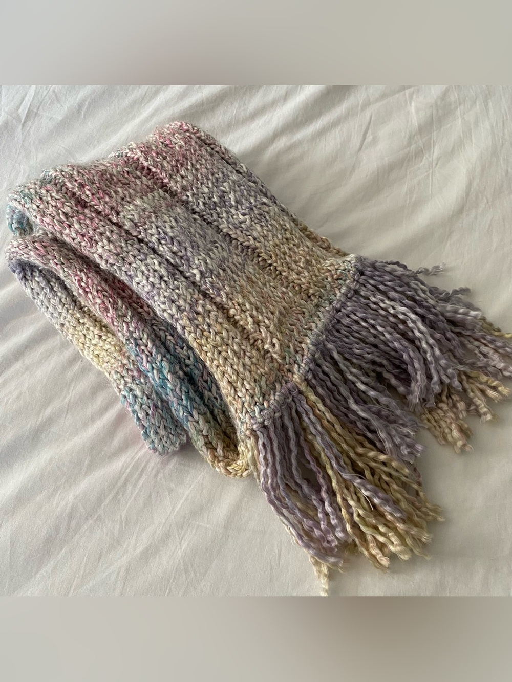 Winter Scarf Ombre Rainbow Striped Knit Cozy Pastels Soft Fringed Winter 86”